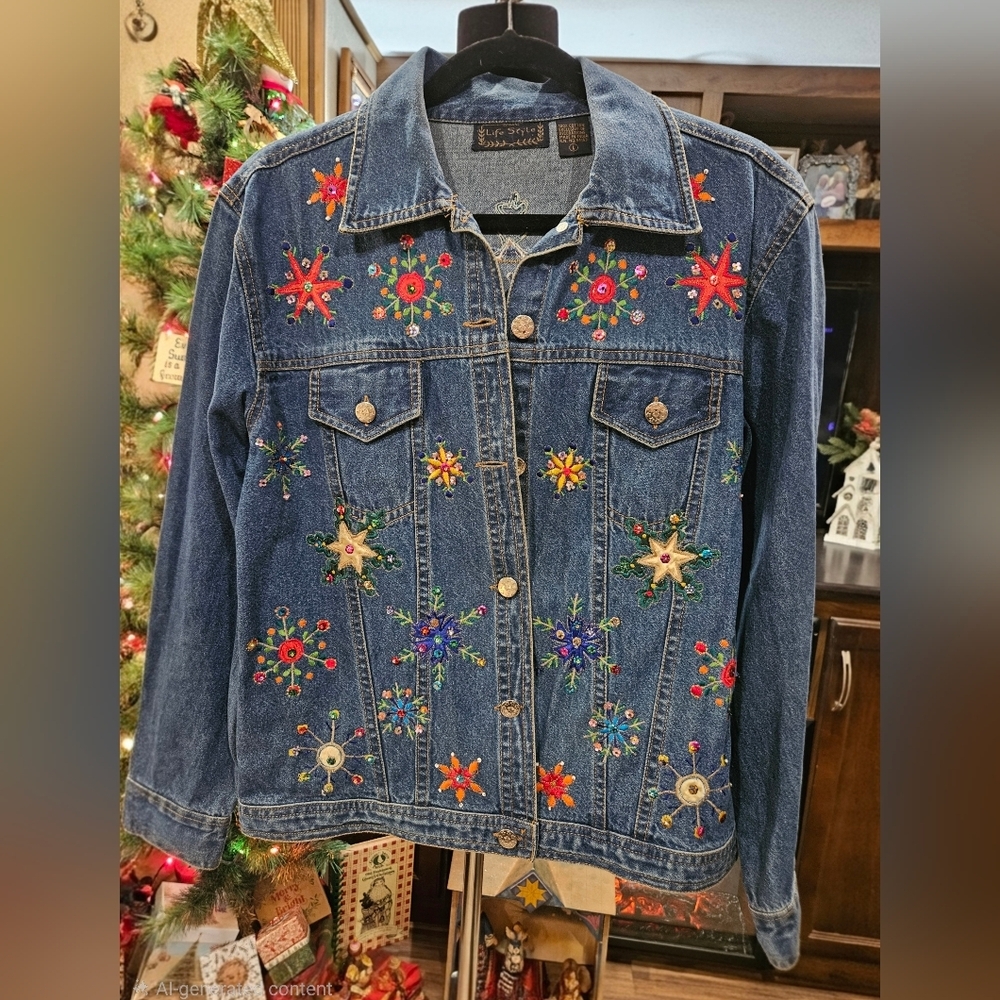 🎄FESTIVE "LIFESTYLE" HOLIDAY EMBELLISHED DENIM JACKET- LIKE NEW!🎄LARGE